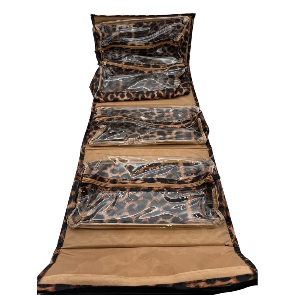 Joy Mangano Leopard Print Roll Up Travel Cosmetic Toiletry Organizer Case Brown